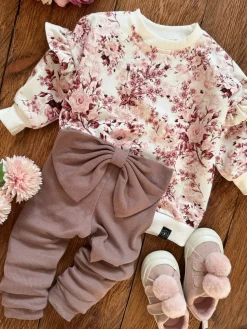 Bluza z falbankami przy rękawach bordowe kwiaty