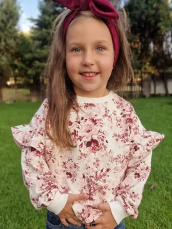 Bluza z falbankami przy rękawach bordowe kwiaty