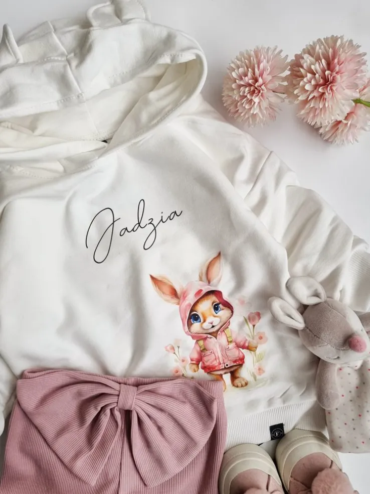 Bluza z kapturem z uszkami króliczek w różowej kurtce