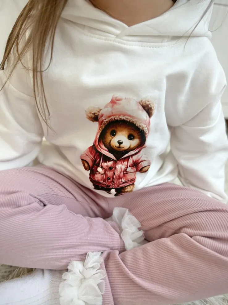 Bluza z kapturem z uszkami miś w różowej kurtce