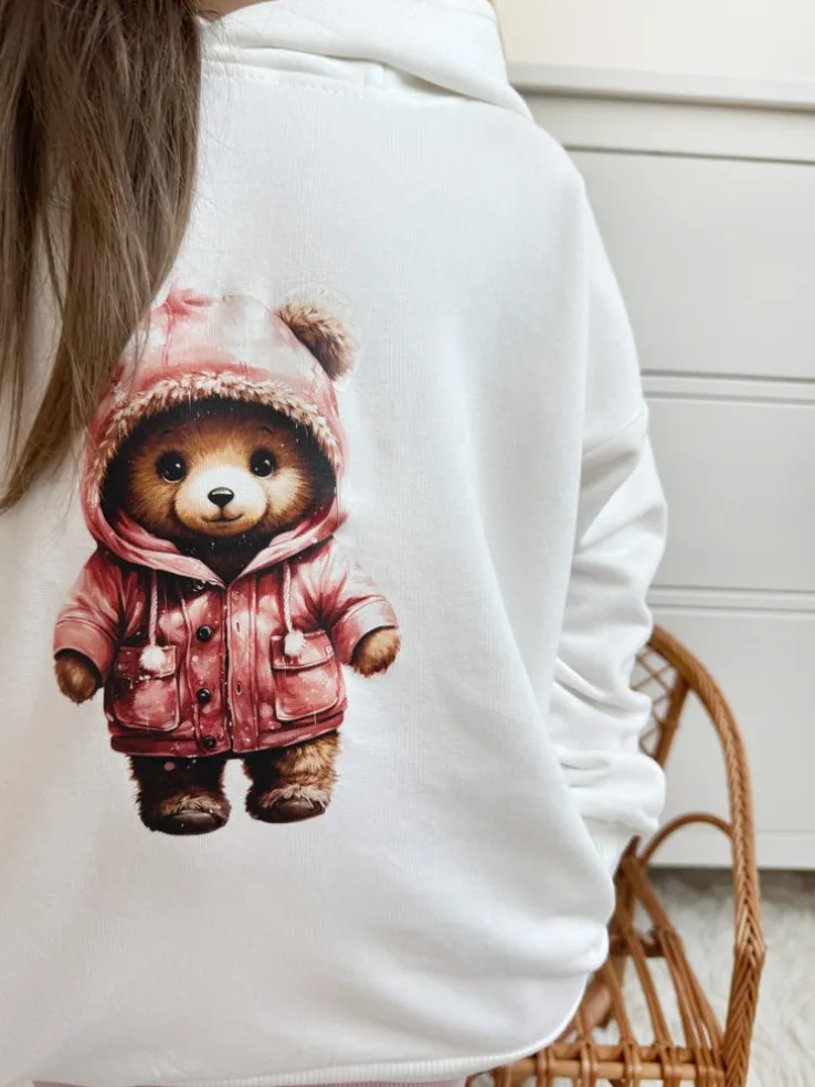 Bluza z kapturem z uszkami miś w różowej kurtce