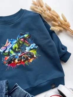 Ciemnoniebieska bluza dziecięca kolorowy t-rex rozmiar 128