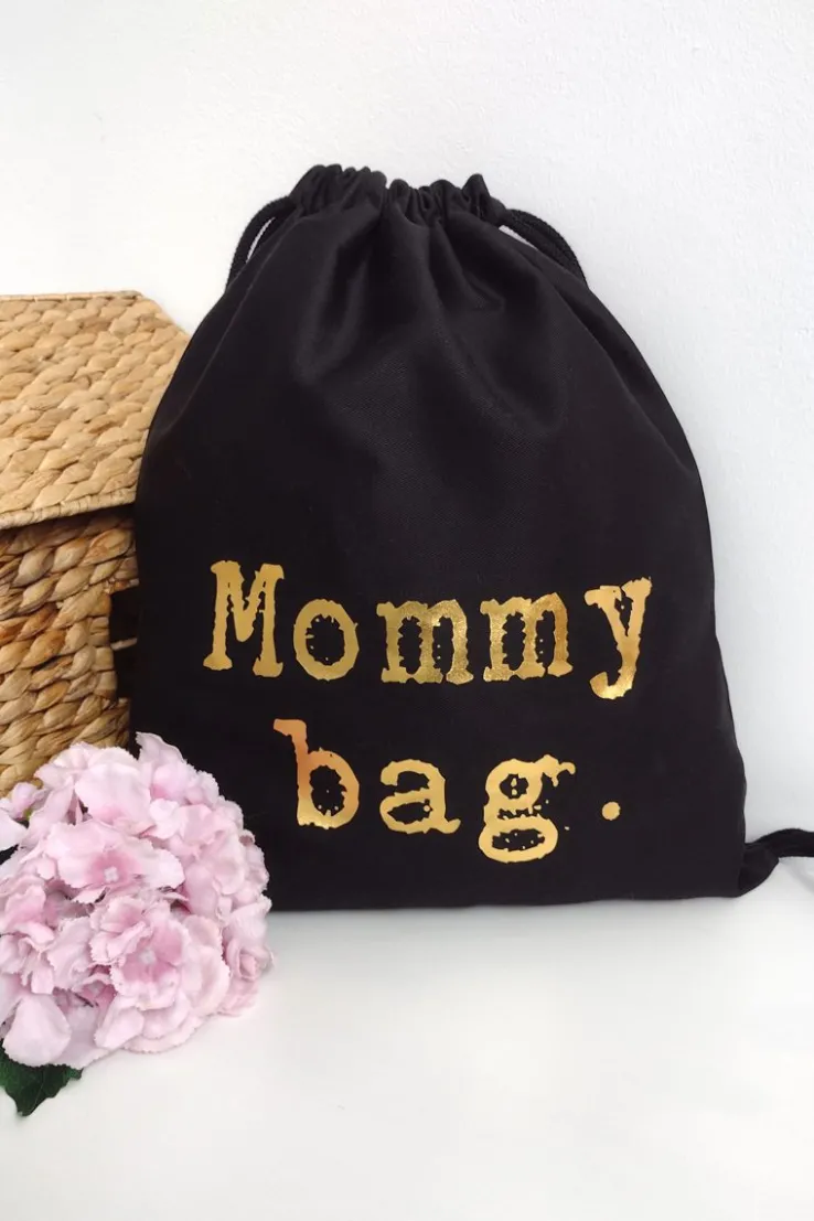 Czarny worek z nadrukiem mommy bag