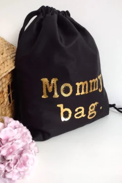 Czarny worek z nadrukiem mommy bag