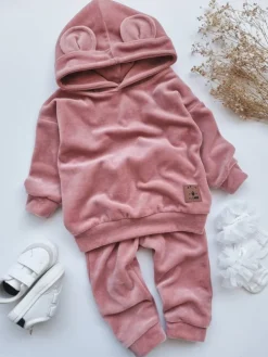 Dres welurowy dziecięcy brzoskwiniowy róż bluza + spodnie