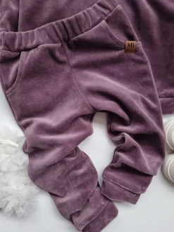 Dres welurowy dziecięcy jagodowy bluza + spodnie