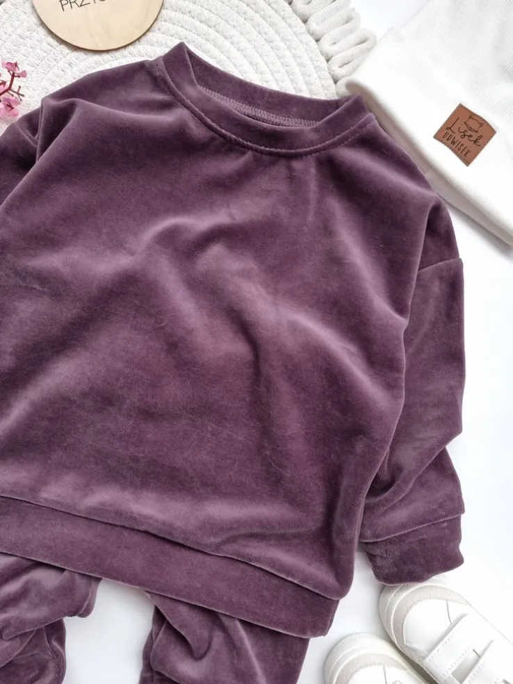Dres welurowy dziecięcy jagodowy bluza + spodnie