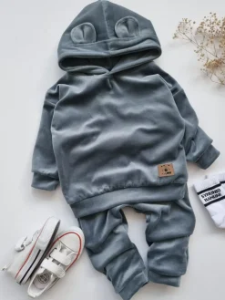 Dres welurowy dziecięcy szary bluza + spodnie