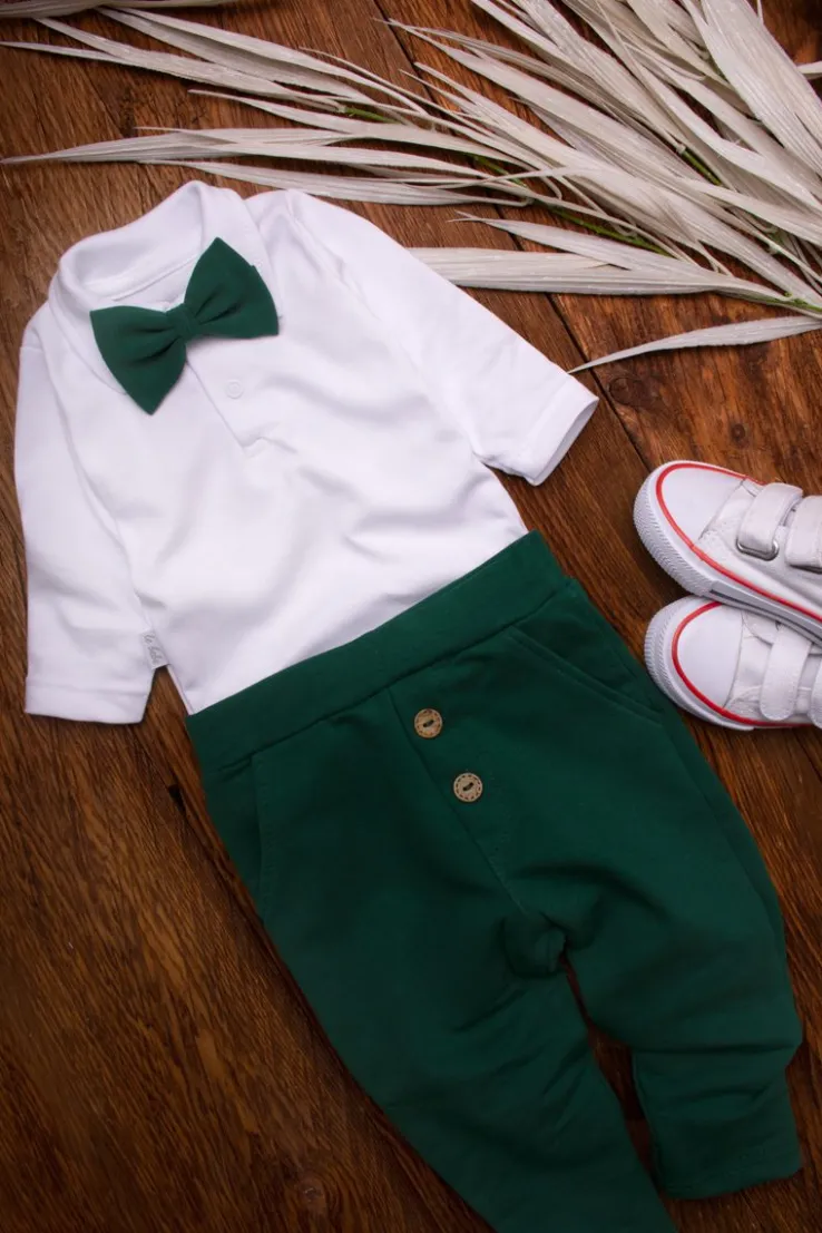 Elegancki komplet dla chłopca body polo + mucha + spodnie