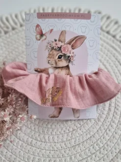 Gumka scrunchie do włosów różowa złote listki