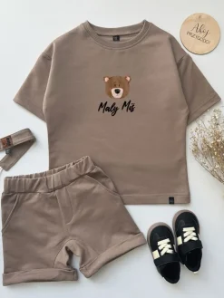 Kawowy komplet dresowy Mały miś (koszulka + szorty)