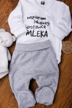 Komplet Body Wspieram lokalnego dostawcę mleka + szare półśpiochy lub spodnie