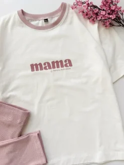 Komplet damski z nadrukiem mama (koszulka + kolarki brudny róż)