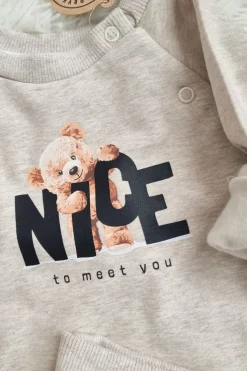 Komplet dzianinowy z nadrukiem misia nice to meet you