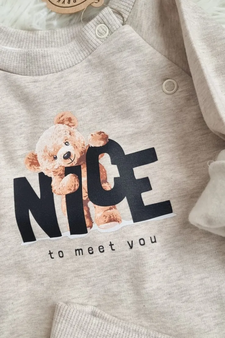 Komplet dzianinowy z nadrukiem misia nice to meet you
