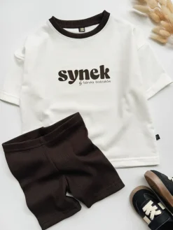 Komplet dziecięcy z nadrukiem synek/córka (koszulka + kolarki brązowe)