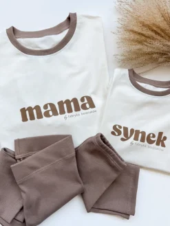 Komplet dziecięcy z nadrukiem synek/córka (koszulka + kolarki kawowe)