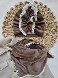 Komplet welurowy brązowy turban + chusta