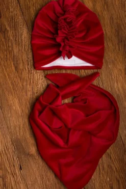 Komplet welurowy czerwony turban + chusta