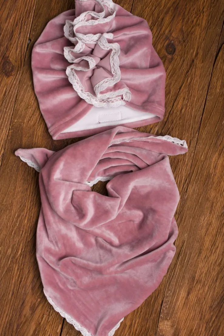 Komplet welurowy różowy turban + chusta