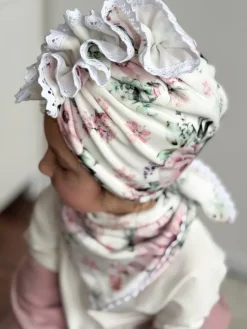 Komplet welurowy w kwiaty turban + chusta