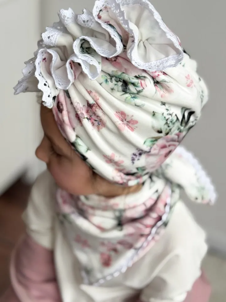 Komplet welurowy w kwiaty turban + chusta