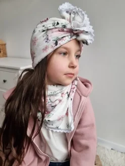 Komplet welurowy w kwiaty turban + chusta