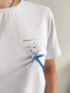 Koszulka damska najlepsza mama niebieski bukiet ze wstążką