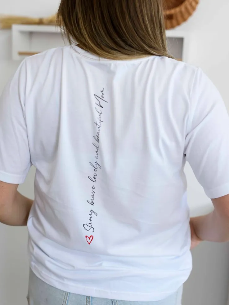 Koszulka damska w serek z nadrukiem strong, brave, lovely and beautiful mom