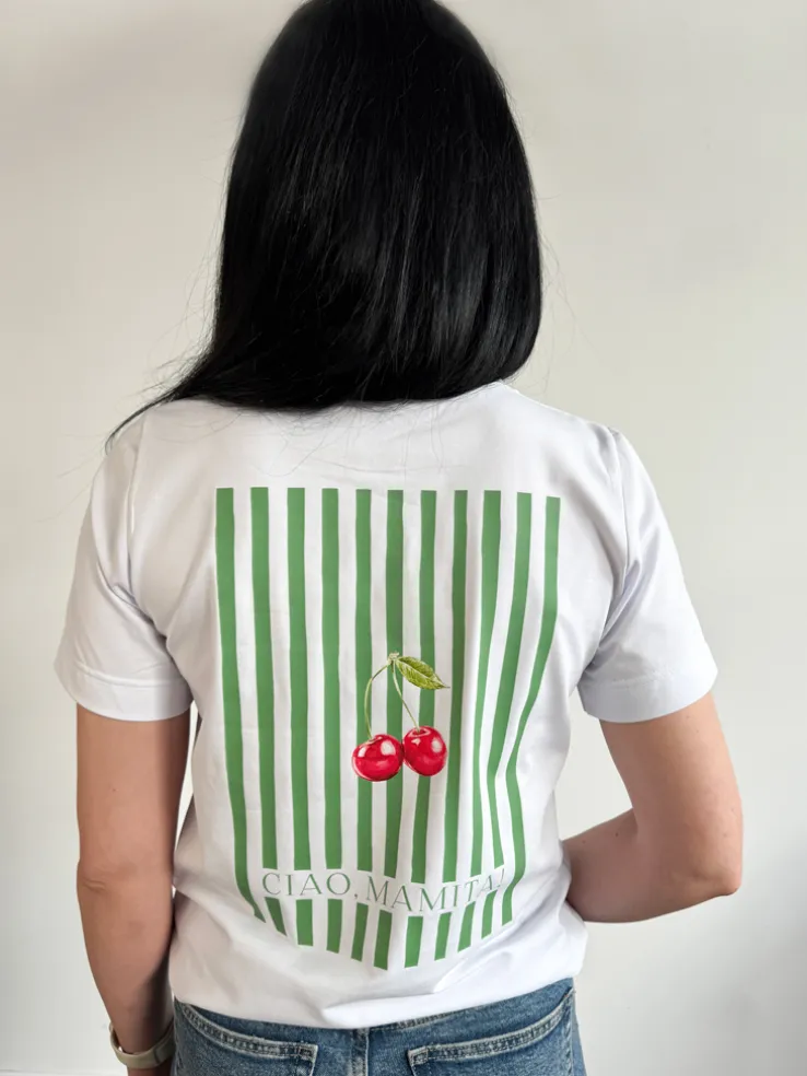 Koszulka damska zielone paski i wisienki