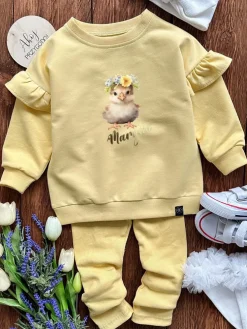 Żółty komplet kurczaczek z imieniem bluza + getry prążek