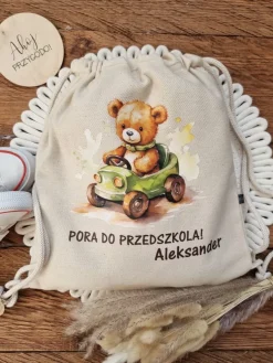 Worek dla dziecka misio w zielonym aucie + imię
