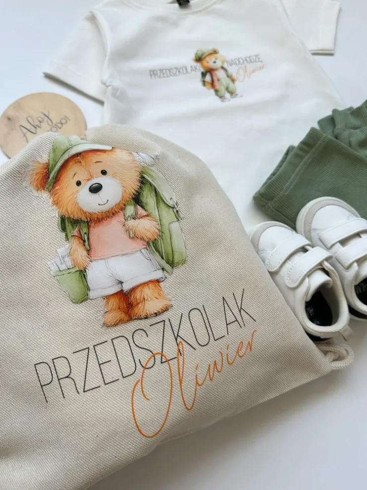 Worek dla dziecka misio z zielonym plecakiem + imię