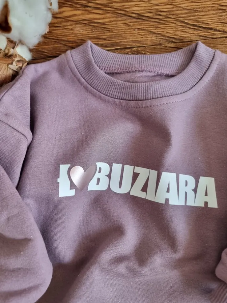Wrzosowy zestaw getry prążek i bluza z nadrukiem Ł❤buziara