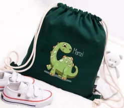 Zielony worek z dinozaurem i imieniem dziecka